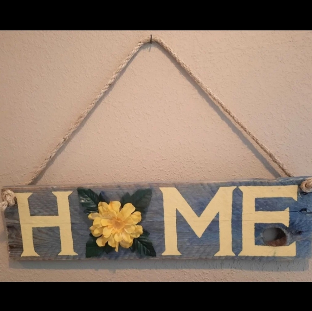 Handpainted wood sign HOME yellow silk flower original
